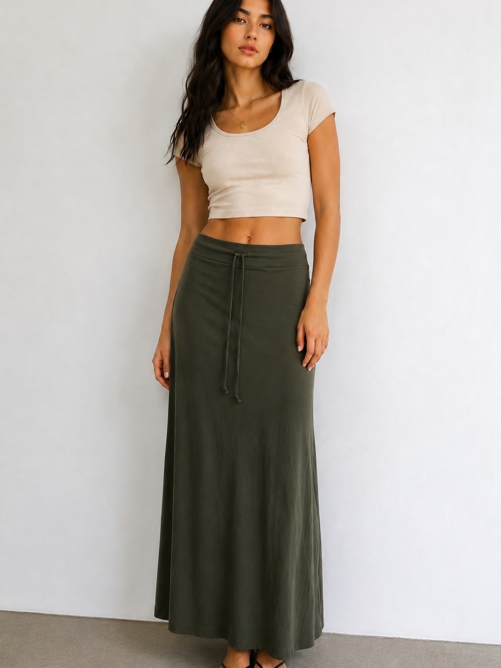 A2Y Military Green Maxi Skirt XL Drawstring Waist Pockets Stretch Casual Lounge
